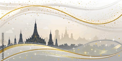 Abstract grunge background with temple and city view. Designed for background.