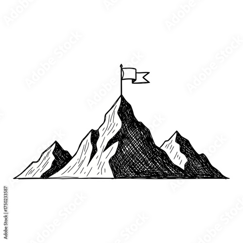 Handdrawn sketch of a mountain peak with a flag on top