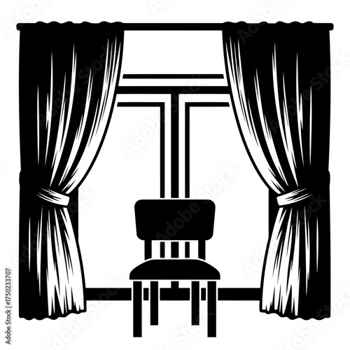 A silhouette of a chair in front of a window with curtains