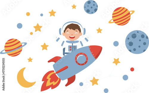 Cute Kid Astronaut Riding Space Rocket in Galaxy with Planets and Stars
