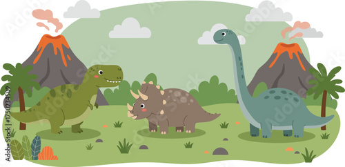 Triceratops and T-Rex Dinosaurs in Jungle Landscape Background for Kids
