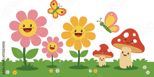 Smiling Flower and Butterfly Garden Scene with Mushroom and Plants
