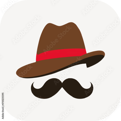 
Logo, hat, and mustache vector illustration. Simple, flat design with a white background in a minimalistic style. 