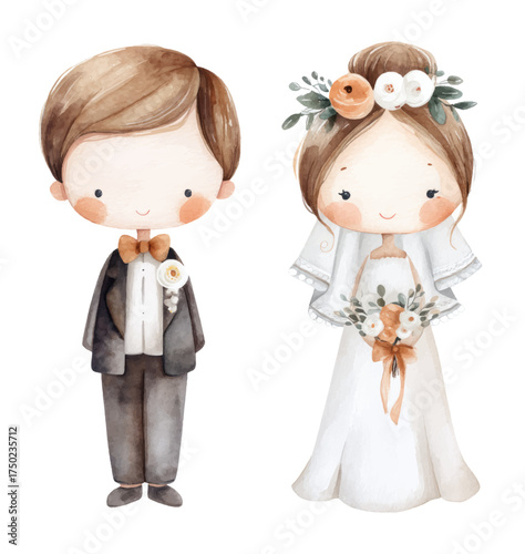 
Watercolor wedding clipart, cute bride and groom dolls, white background, high detail


