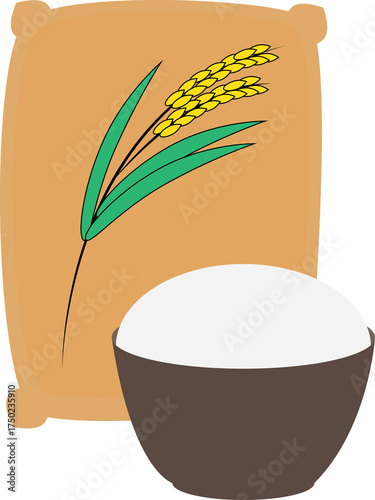 Photos A vector art of a sack of rice and a cooked bowl of rice