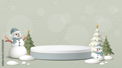 Rounded podium with 3D miniature model of snowman, decorated Christmas trees and snowdrift graphic illustration have blank space.