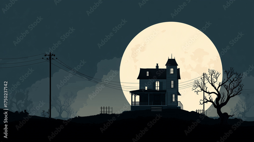 Obraz premium Desktop wallpaper featuring a haunted house silhouette beneath a glowing full moon, minimalist spooky theme