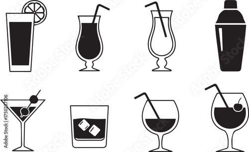Minimalist black drinkware icon set – hand-drawn silhouettes of cocktail glasses, tumblers, and a shaker for bar menus, mixology visuals, and beverage-themed design.