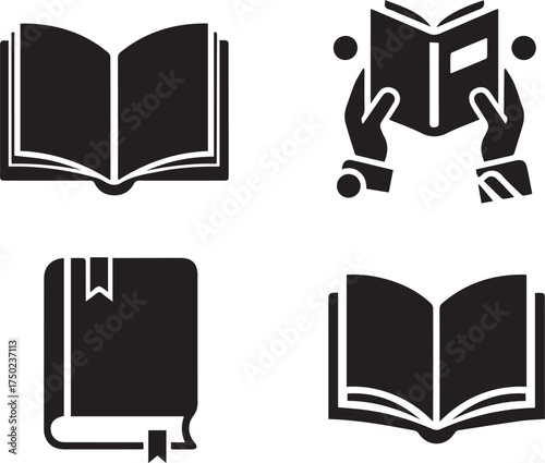Minimalist black book icon set – hand-drawn silhouettes of open books, readers, and bookmarked volumes for educational design, library visuals, and literary-themed graphics.