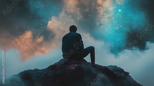 A man sits on a mountaintop looking up at a vibrant night sky filled with stars and clouds.