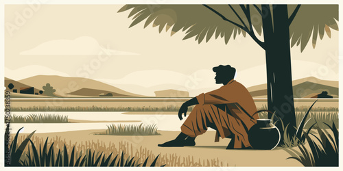 Contemplative Figure by Water - Serene Vector Illustration
