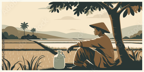 A farmer peacefully contemplates a field of crops under a tree with a water jug nearby, embodying rural tranquility