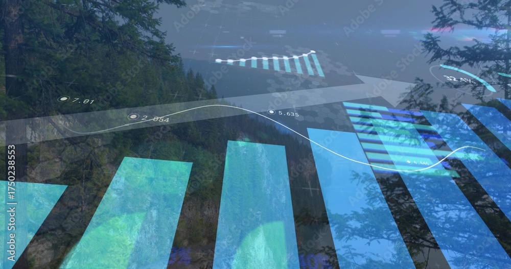 Obraz premium Showing data overlay over misty mountain forest and lake, with charts, graphs, numbers, arrow, grid
