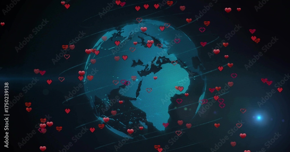 Obraz premium Showing digital globe spinning in dark virtual space, with red hearts, light streaks, lens flare