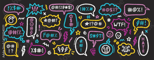 Comic speech bubble with swear word and hate. Hand drawn sketch of a grumpy text balloon with curse or insult by pencil and charcoal doodle. Rude profanity censorship in scribble talk cloud