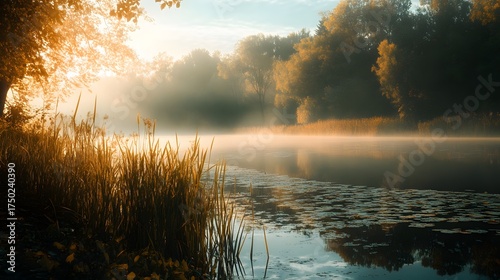 A misty sunrise over a calm lake with tall grass and trees in the background.