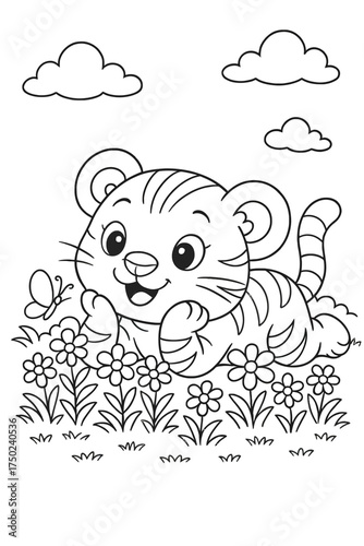 Cute tiger cub lying in a field of flowers illustration for coloring book