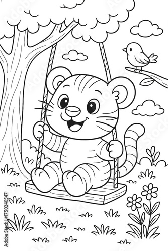 Cute tiger cub having fun on a swing in a whimsical nature scene
