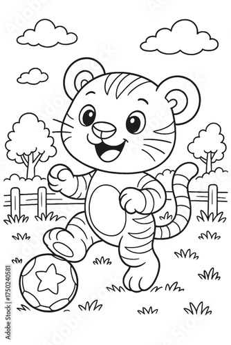Cute tiger cub playing soccer in a field illustration for kids activity