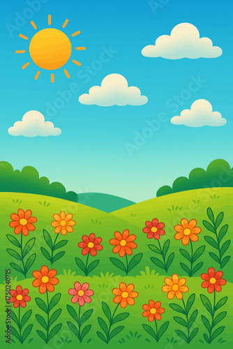 Sunny day illustration featuring a flower field under a blue sky and clouds