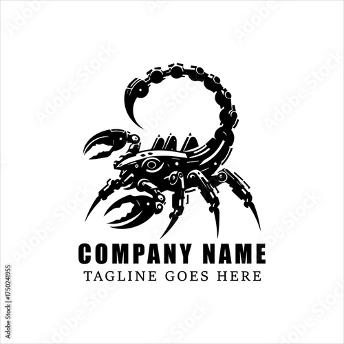 Robotic Scorpion Ready to Strike Logo Vector, Black and White Futuristic Mecha Insect Silhouette with Dynamic Pose, Cybernetic Bug Symbol for Modern Branding and Tech Identity