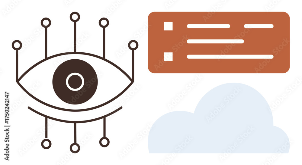 Obraz premium Stylized eye with connected nodes, minimal checklist and cloud design symbolizing data, vision, and organization. Ideal for technology, data analysis, cloud computing, networking, project management