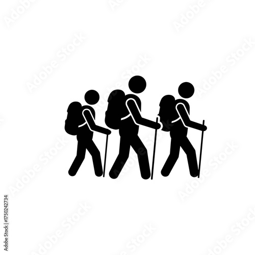 Simple black vector icon of a group hiking to represent outdoor adventure