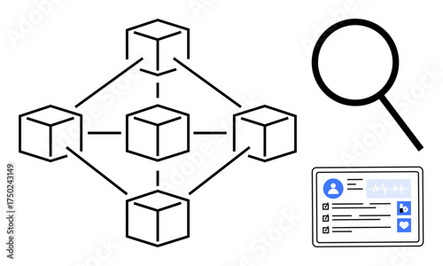 Blockchain node connections, magnifying glass symbolizing data analysis, and digital profile document. Ideal for blockchain, data security, research, analytics, technology, decentralization simple
