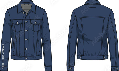 Blue denim jacket fashion flat technical vector illustration front and back view with pockets seams collar cuffs waistband clothing design