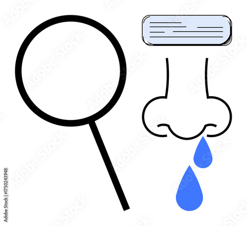 Magnifying glass, runny nose dripping blue drops, tissue represent observation, allergy symptoms, cleanliness. Ideal for health, hygiene, research, diagnostics prevention education simple flat