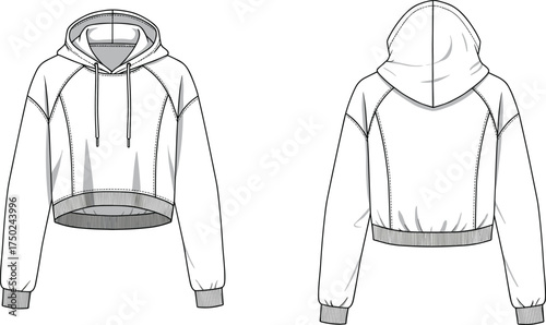 Cropped hoodie fashion vector illustration front and back view with raglan sleeves, drawstring hood, ribbed cuffs, hemline technical design