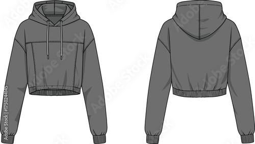 Dark gray cropped hoodie fashion vector illustration front and back view with kangaroo pocket, drawstring hood, ribbed cuffs, hemline details