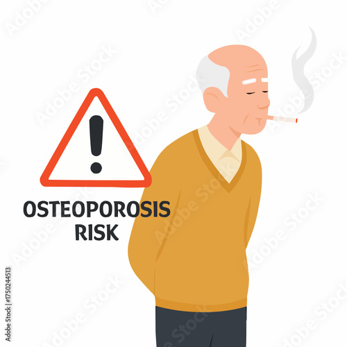 Elderly Man Smoking with Osteoporosis Risk Warning Vector
