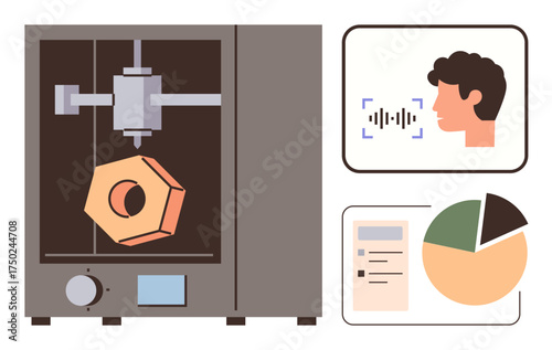 3D printing machine crafting hexagonal object, user giving voice command, and charts analyzing data. Ideal for technology, automation, innovation, engineering, manufacturing AI productivity. Simple