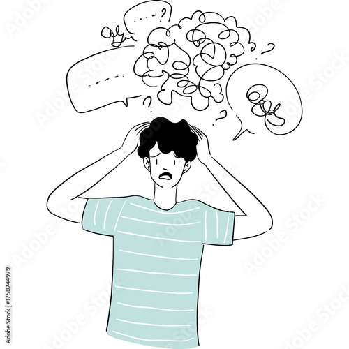 Man Clutching Head In Frustration With Chaotic Thoughts Represented By Scribbles And Speech Bubbles Above His Head Minimalist Line Drawing Style