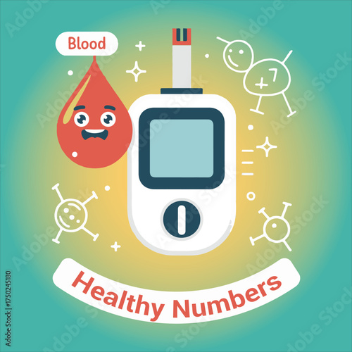Cute Blood Glucose Meter and Smiling Drop of Blood Vector Illustration – Diabetes Awareness Concept in Flat Style
