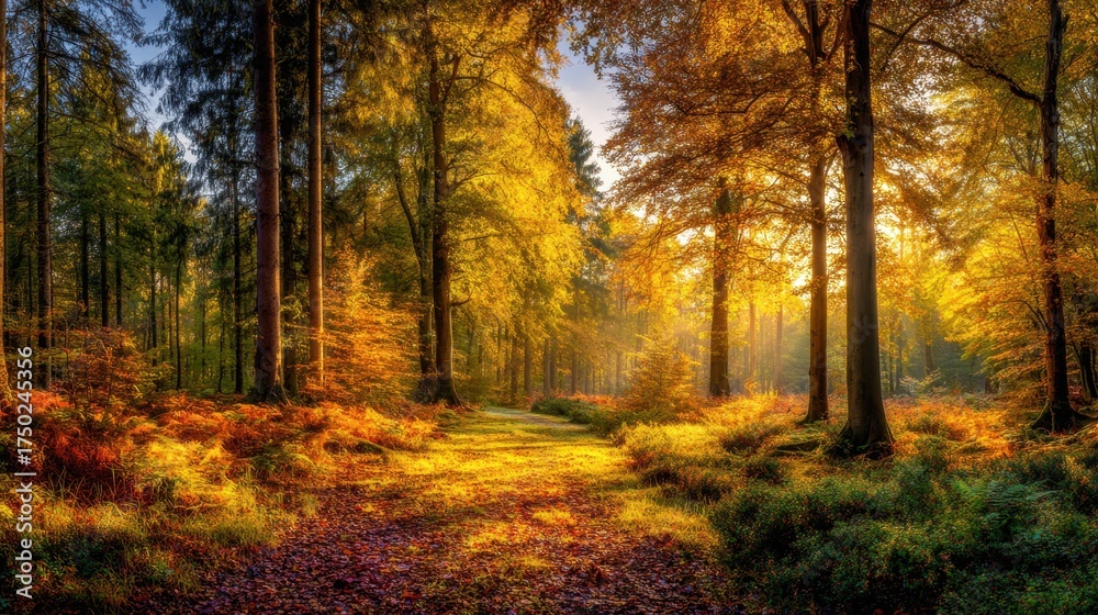 Obraz premium Serene Autumn Forest Landscape with Vibrant Colors and Light
