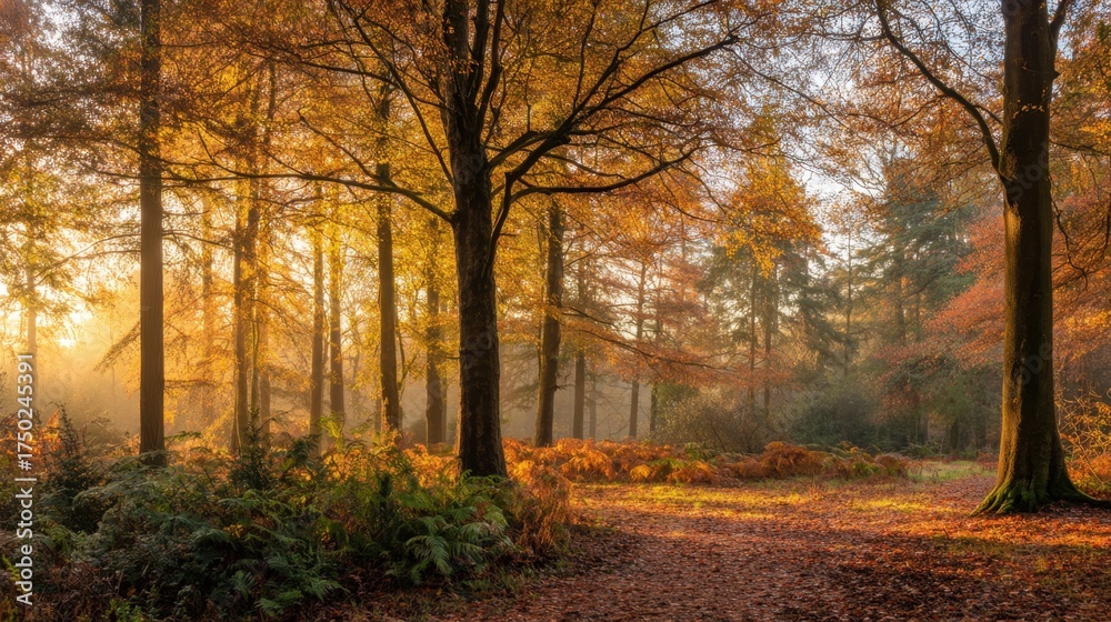 Fototapeta premium Serene Autumn Forest Path with Golden Leaves and Soft Light