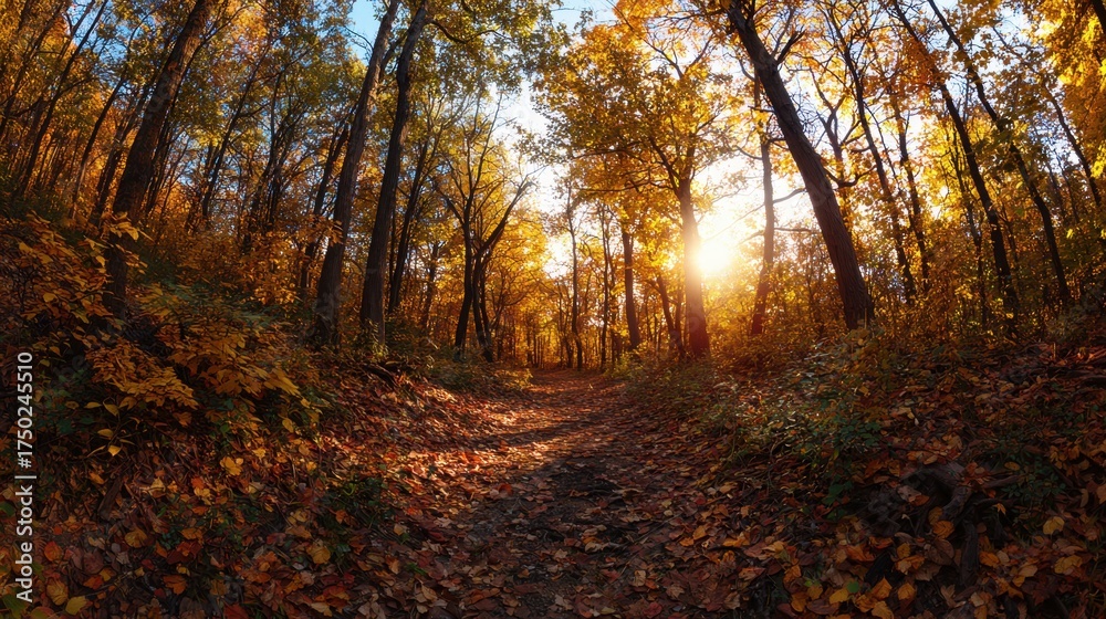 Obraz premium Serene Autumn Forest Pathway with Golden Leaves and Warm Sunlight