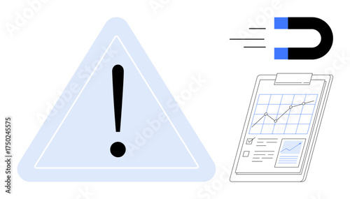 Exclamation mark inside a triangle, magnet attracting report with graphs, charts, and data metrics. Ideal for data analysis, risk management, productivity, attraction, strategy marketing warning