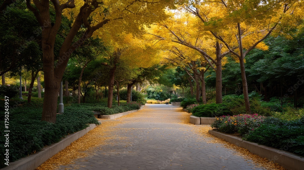 Fototapeta premium Vibrant Autumn Vacation Pathway Surrounded by Golden Leaves and Lush Green Trees in a Tranquil Park