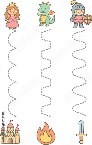 Educational tracing worksheet for kids with princess, dragon and knight characters