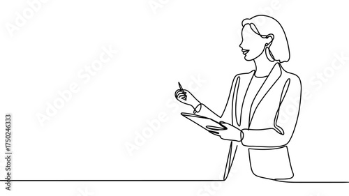 Businesswoman Communicating and Taking Notes Seamlessly one line drawing vector illustration