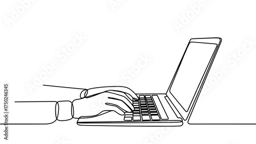 Minimalist one line vector illustration showing hands typing on a laptop keyboard, representing work, technology, communication, and creativity.