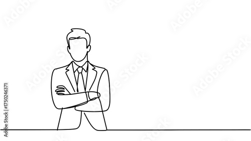 Minimalist one line vector illustration of a businessman standing with crossed arms, representing confidence, focus, and professional contemplation.
