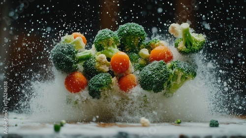 Frozen vegetables explode in a flurry of white