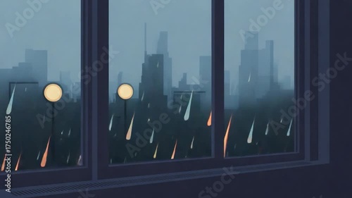 Animated Rain Falling Behind Window, Evening City View.