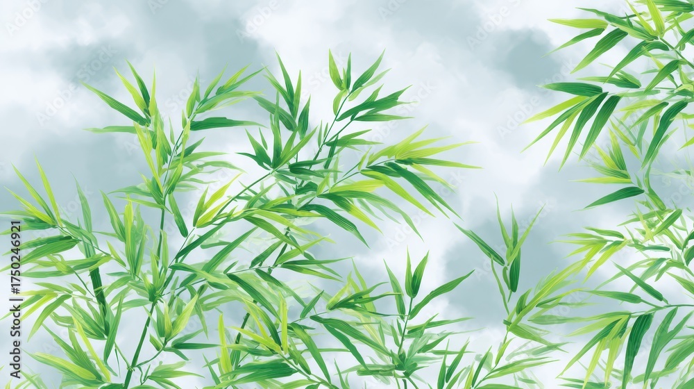 Fototapeta premium Lush Bamboo Leaves Against Soft Cloudy Sky Background Nature