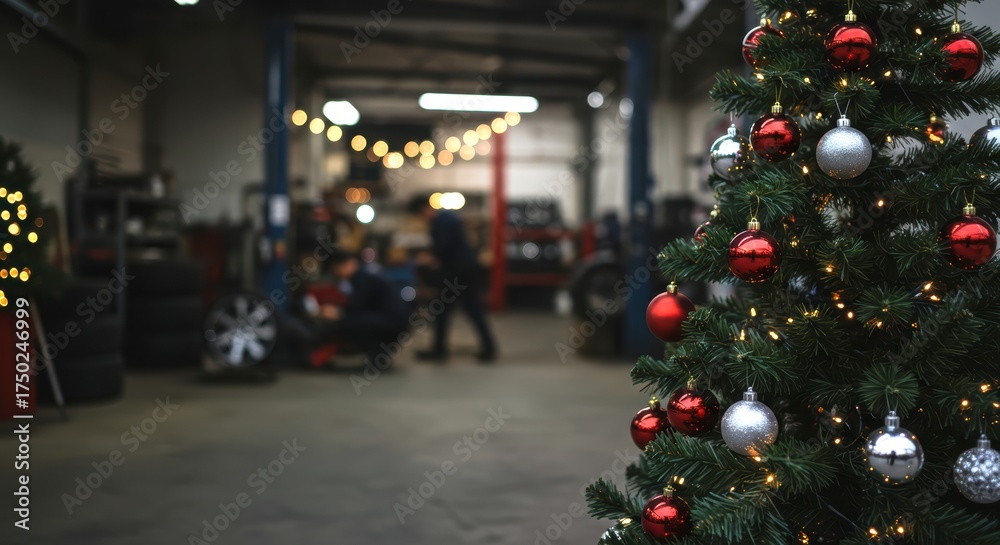 Obraz premium Mechanic Workshop Christmas Concept — Modern Auto Service Background