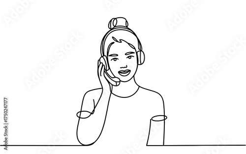 Minimalist continuous line drawing of a woman wearing a headset, representing a call center operator or customer service support concept.